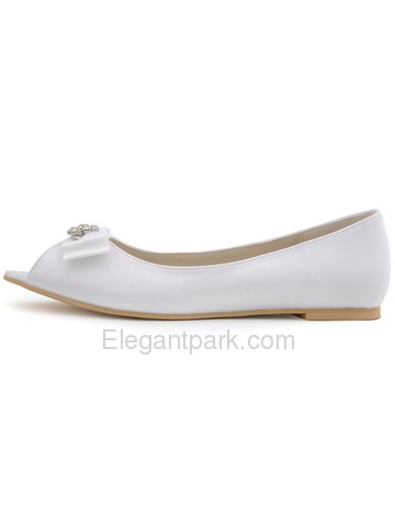 Elegantpark White Peep Toe Bowknot Rhinestone Flat Satin Wedding Evening Party Shoes (EP11102)