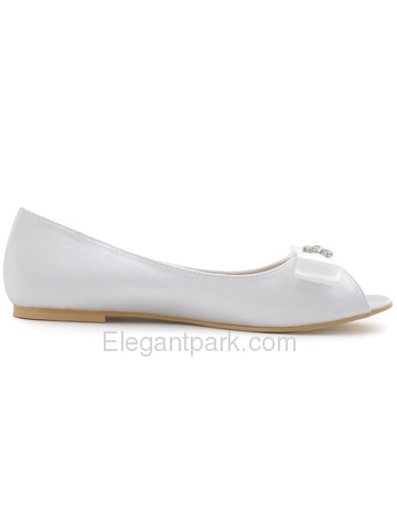 Elegantpark White Peep Toe Bowknot Rhinestone Flat Satin Wedding Evening Party Shoes (EP11102)