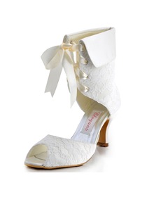 Elegantpark Modern Peep Toe Lace Spool Heel Bridal Wedding Ankle Boots with Ribbon Tie