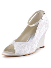 Elegantpark White Ivory Peep Toe Lace Satin Tie Wedges Wedding Bridal Shoes