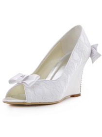Elegantpark White Ivory Peep Toe Lace Satin Bow Rhinestones Wedges Wedding Bridal Shoes
