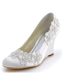 Elegantpark Ivory Closed Toe Lace Embroidery Flower Satin Wedges Wedding Bridal Shoes