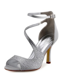 Elegantpark New Silver Satin Open Toe Stiletto Heels Crystal Weeding Party Shoes