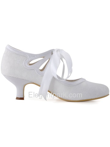 Elegantpark Ivory Closed Toe Women Ribbon Tie Mid Heel Lace Wedding Shoes(More color) (HC1521)
