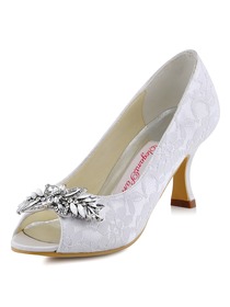 ElegantPark White Ivory Lace Pumps Women Peep Toe Leaves Clip Buckle Wedding Bridal Shoes