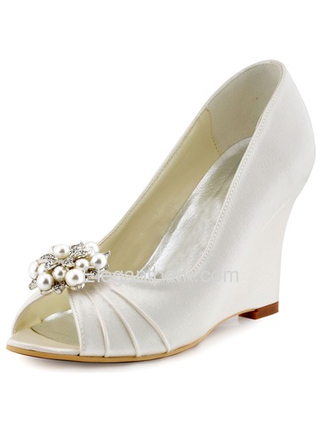ElegantPark Ivory Champagne Satin Double Pearls Peep Toe Women Wedges Wedding Party Shoes (WP1549)