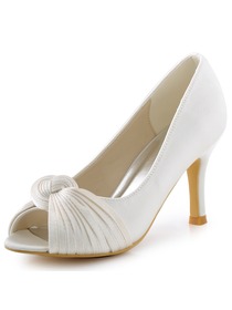 ElegantPark Women White Ivory High Heel Peep Toe Knots Satin Wedding Bridal Shoes