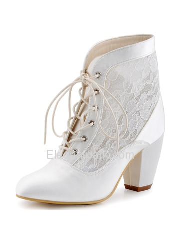 ElegantPark Women Ankle Boots White ivory Chuck Heel Lace-up Round Toe Lace Wedding Bridal Shoes (HC1559)