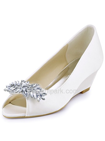 ElegantPark Women Peep Toe Mid Wedges Heels White Ivory Rhinestones Wedding Bridal Shoes (WP1564)