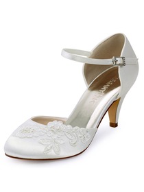 ElegantPark Closed Toe Applique Ivory Mid Heels Buckle Satin Wedding Bridal Shoes