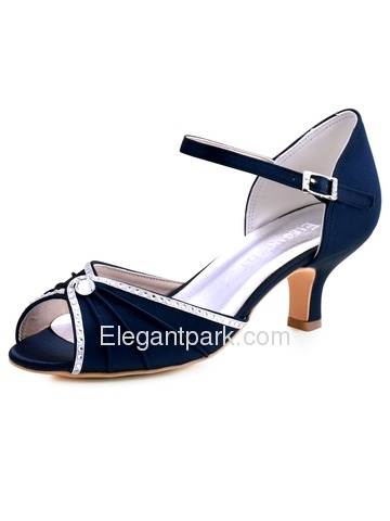 ElegantPark HP1623 Women's Pumps Peep Toe Low Heels Pleated Rhinestones Satin Wedding Prom Shoes (HP1623)