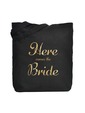 ElegantPark Here Comes the Bride Tote Bag Black Canvas Gold Script 100% Cotton