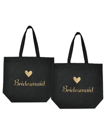 ElegantPark Bridesmaid Tote Bag for Wedding Gifts Black 100% Cotton with Gold Script 2 Pcs