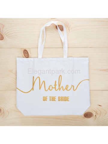 Mother of the Bride Tote Bag for Wedding Gifts Canvas 100% Cotton White with Gold Glitter
