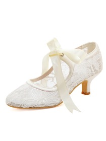 HC1702 White Almond Toe Mid Heel Lace Bridal Wedding Party Shoes