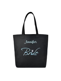 PERSONALIZED Aqua Embroidered Bride Tote Wedding Gift Black Shoulder Bag 100% Cotton