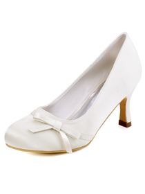 Elegantpark Ivory Round Toe Spool Heel Satin Bowknot Bridal Wedding Party Shoes