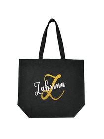 Monogram Initial Z Personalized Tote Shoulder Bag Black with Gold Glitter 100% Cotton