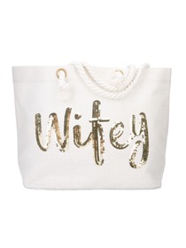 Wifey Bride Tote Bag Wedding Bachelorette Bridal Shower Gifts Jute Gold Sequin with Interior Pocket